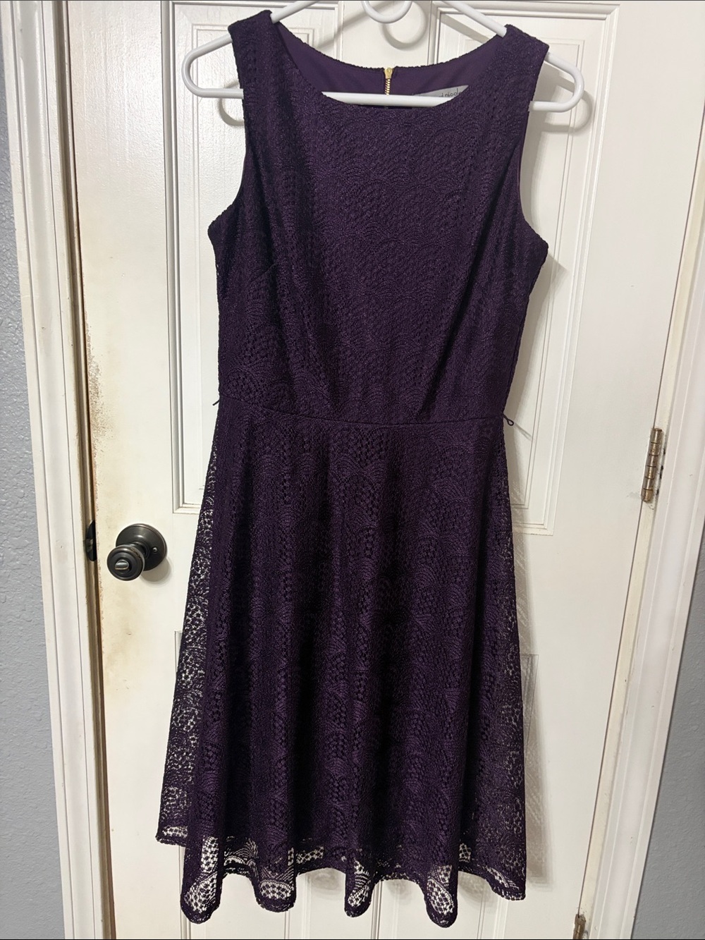 Danny & Nicole Dark Plum Lace Fit-and-Flare Midi Dress